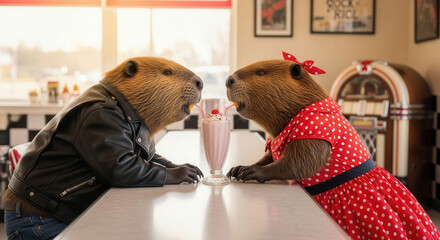 Beavers in Retro Diner Sharing a Soda. A cute beaver or capybara couple drinking a milkshake malt in a retro 1950s soda shop. Humorous Photo, Valentine's Day, teenagers, storybook art. Horizontal.