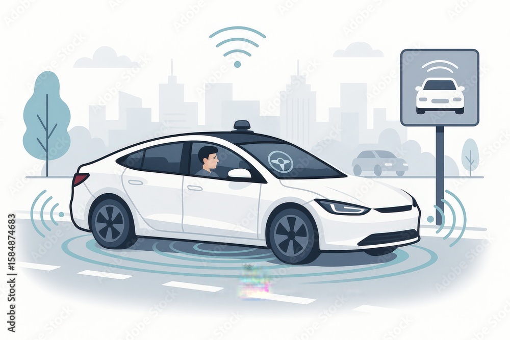 Poster autonomous vehicle navigating urban landscape with connectivity and safety features exemplifying mod