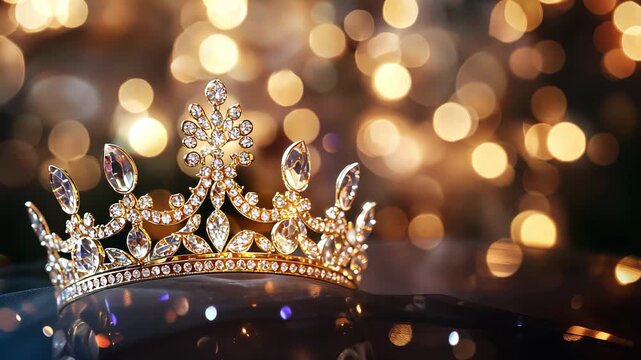 Sparkling tiara adorned with jewels and a delightful bokeh backdrop radiating elegance and charm, Sparkling tiara with bokeh effect in background