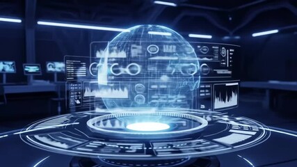A futuristic control room displays a glowing holographic globe with data visualizations. - Powered by Adobe