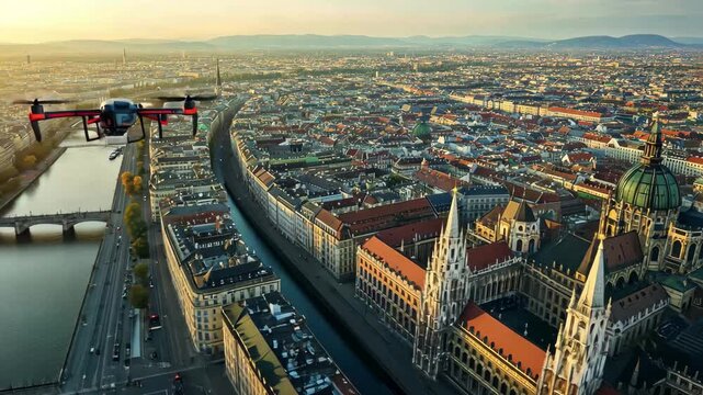 Drone captures aerial view of Austrian Parliament and cityscape at sunset, Drone establishing orbit of the Austrian Parliament in Vienna with surrounding landmarks