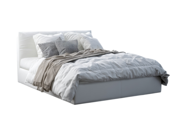 High resolution modern bed isolated on transparent background in PNG format, ideal for digital interior design mockups, furniture cutout projects, 3D visualizations, and home decor scene planning