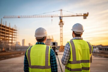 Men surveyors working at construction site at sunset
