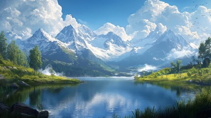 Wide-angle view of a serene lake with snow-capped mountains in the background
