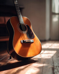 Fototapeta premium acoustic guitar on wooden background
