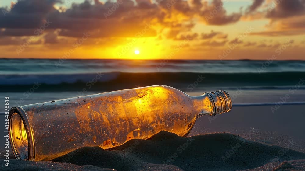 Poster message in a bottle resting on the sandy coast at sunset near the waves, message in a bottle on the 