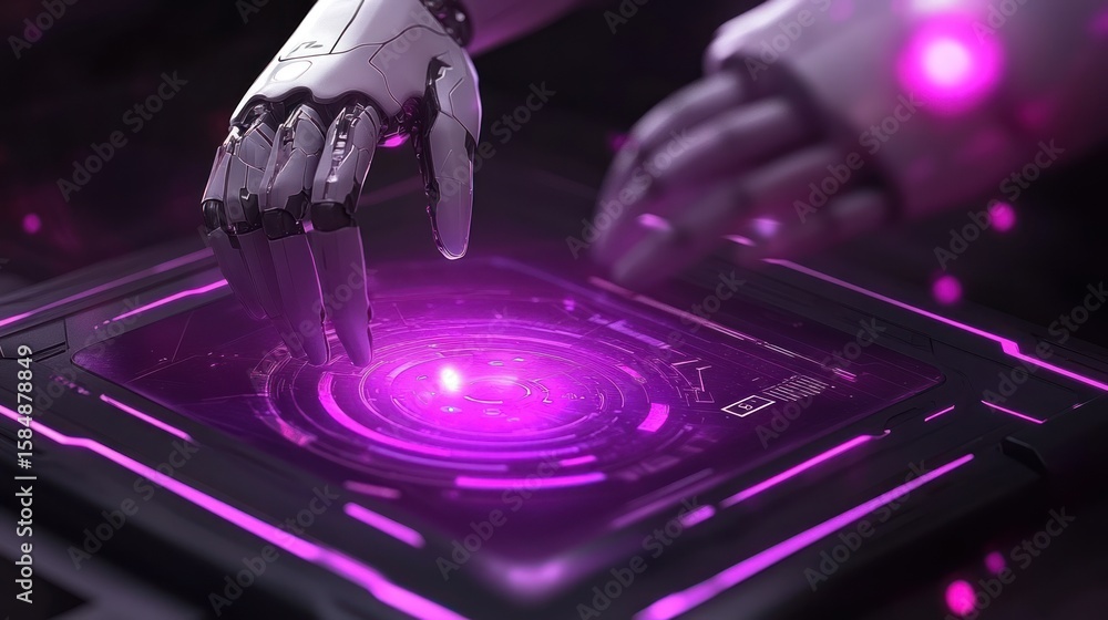 Aufkleber futuristic robot hands interact with a glowing interface