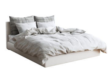 High resolution modern bed isolated on transparent background in PNG format, ideal for digital interior design mockups, furniture cutout projects, 3D visualizations, and home decor scene planning