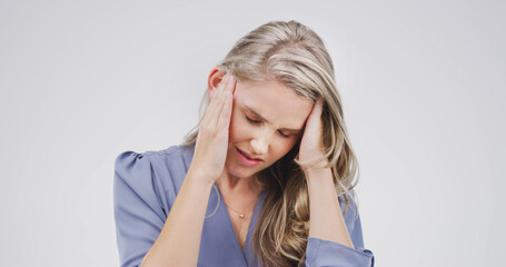 Studio, thinking and woman with headache, stress or overwhelmed with workload, employee and...