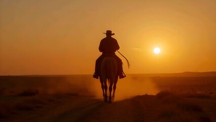 A lone cowboy rides a horse into the sunset, silhouetted against an orange sky with the sun low on the horizon.