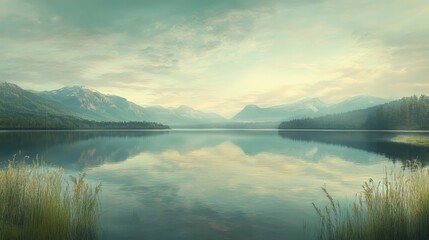 Wide panorama of a calm lake on a summer morning