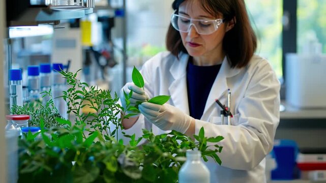 Research scientist conducting plant sample analysis in laboratory setting, Research scientist studying plant samples in laboratory and having a discussion with colleague
