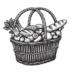 Abundant harvest basket filled with rustic breads and fresh produce woven handle