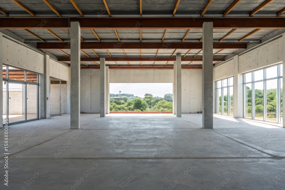 Poster modern empty interior of a spacious building with natural light and view of greenery