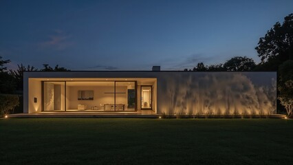 Fototapeta premium Beautiful modern residence exterior with illuminated interiors and large glass sections during twilight