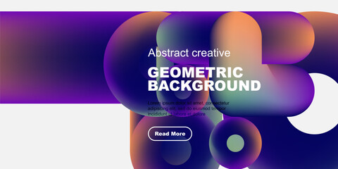 Vibrant abstract shapes overlap white, black areas. Text promotes geometric design, includes call to action button.