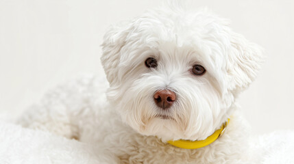 Adorable white fluffy dog wearing yellow collar portrait on light background. Cute small breed canine pet with brown eyes and soft fur looking at camera. Studio shot of domestic animal companion.