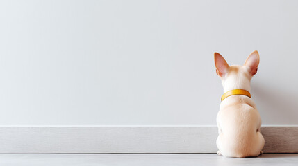 Anxious dog with yellow warning collar sitting facing wall from behind. Pet anxiety awareness and training signal for respectful distance with copy space background.