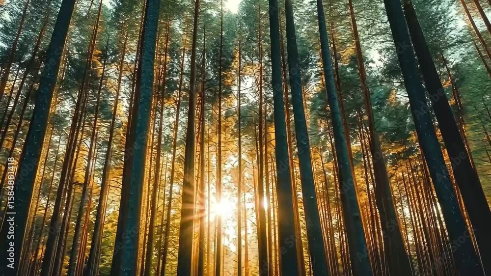 Poster sunlight streams through dense trees illuminating the forest floor in a tranquil woodland setting, r