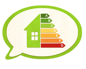 Speech bubble and energy efficiency chart on eco friendly house from recycled paper. Ecology, go...