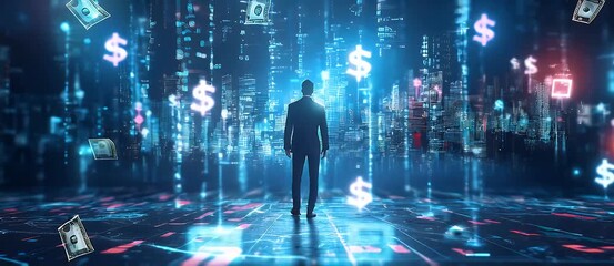 Silhouette of a person standing amidst digital currency symbols and data streams against a futuristic cityscape background in blue tones. - Powered by Adobe