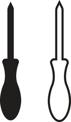 Tool repair and service flat, outline icon set. Working Engineering illustration. Instrument construction vectors. Maintenance mechanic hardware symbol fix support equipment on transparent background.