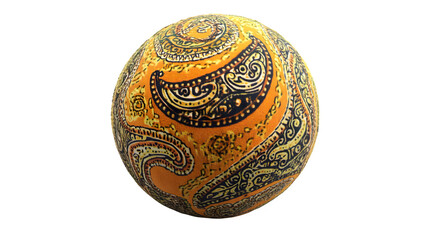 Hyperrealistic render of a tennis ball covered in intricate, paisley bandana patterns instead of fuzz, detailed fabric texture, isolated on Transparent Background
