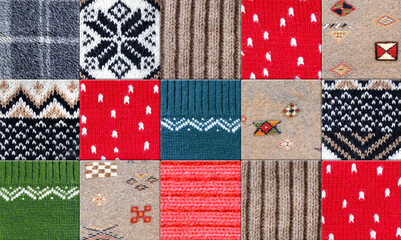 Warm Christmas background with plaid fleece, wool sweater texture with geometric ornament. Holiday backdrop with cozy natural knitted wool material with decorative ornament