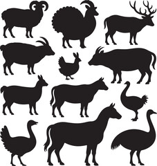 Farm animals and wild creatures silhouettes sheep goat