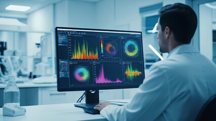 scientist analyzing data on colorful digital graphs in advanced laboratory environment with multiple screens displaying complex analytics and - Powered by Adobe