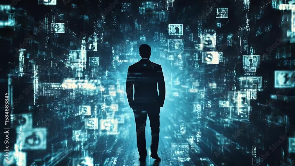 Poster silhouette of a person walking into a digital data stream. blue and white binary code creating a fut