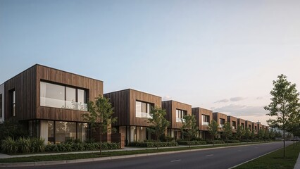 Suburban row of new modern residences under soft evening sky, promoting upscale lifestyle, property investment, and home design

