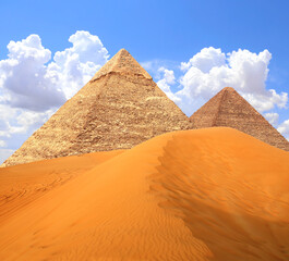 Famous Great Pyramids of Chephren and Cheops, Cairo, Egypt. Two of the three Great Pyramids, Giza...