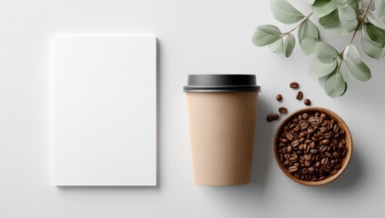 Minimalist coffee scene with paper cup, notebook, and beans