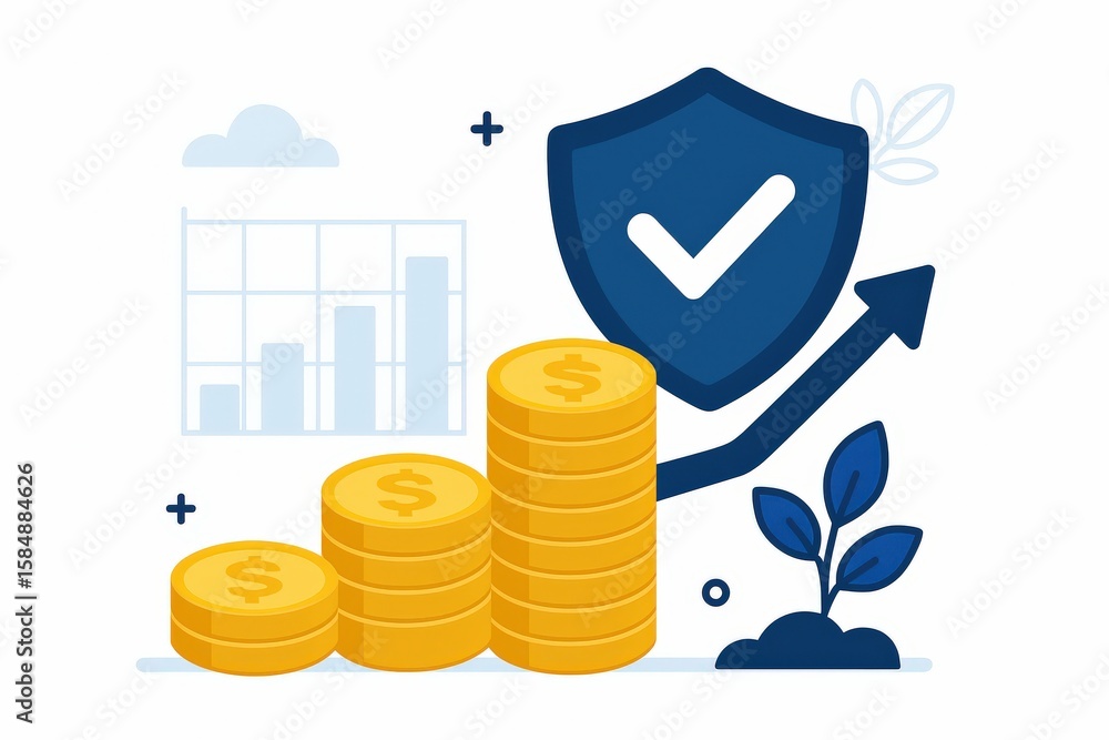Poster visual representation of financial growth and security illustrated through stacked coins overlaid wi