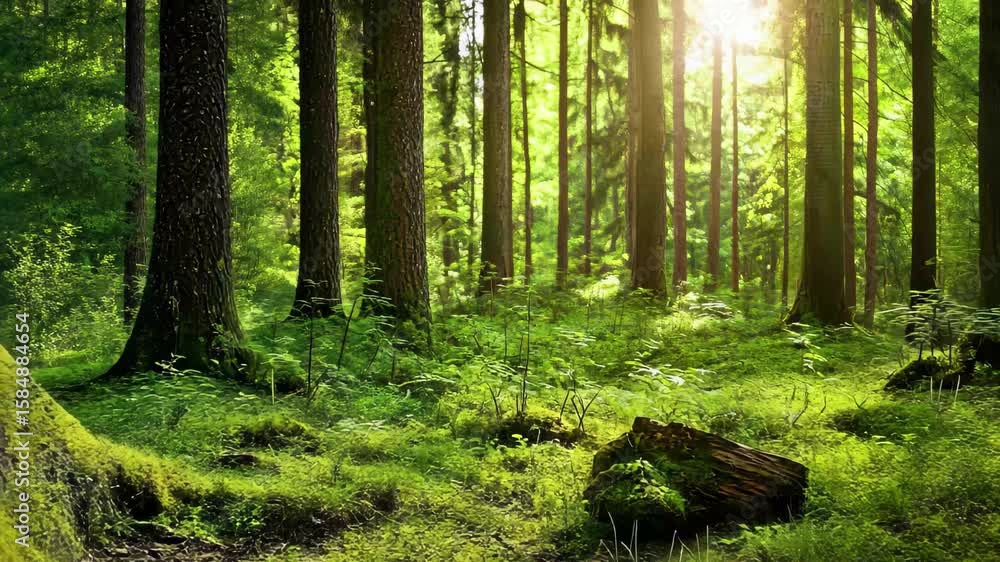 Poster sunlight filters through dense forest growth creating a serene woodland atmosphere, sunlight flicker