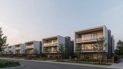 Minimalist housing development with modern facades in upscale neighborhood, perfect for residential architecture and property marketing


