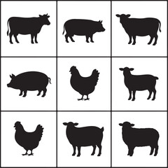 Farm animals silhouettes cow pig sheep chicken vector