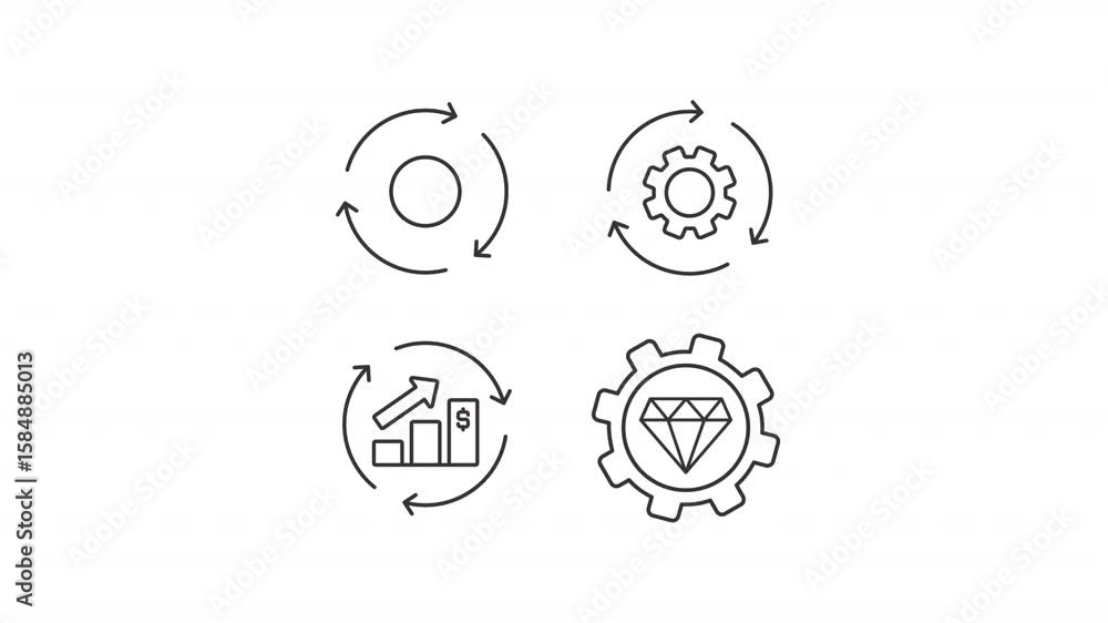 Poster business processes line animation set. workflow animated icons. production standard. research, analy