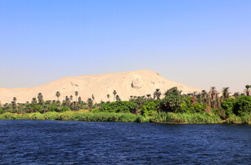 View on the Nile river, palm trees and mountain, Egypt, Africa. Famous tourist attraction. Summer...