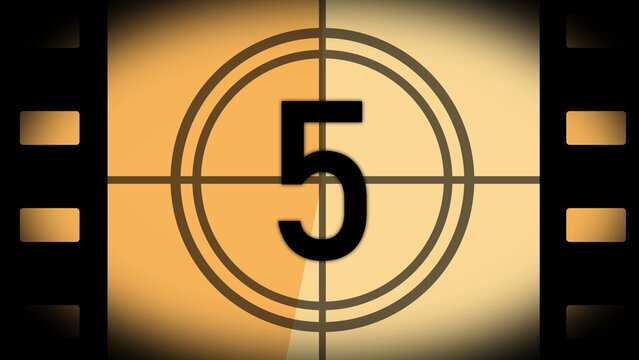 Retro film countdown screen showing number five against a golden backdrop