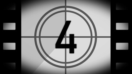 Classic black and white film countdown with number four ready for movie production sequence