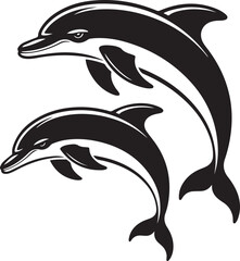 Obraz premium Two sleek black dolphins leaping in stylized motion marine ocean