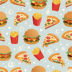 A seamless vector pattern of assorted savory foods like pizza slices, sandwiches, burgers, and fries, arranged playfully on a light blue background.
