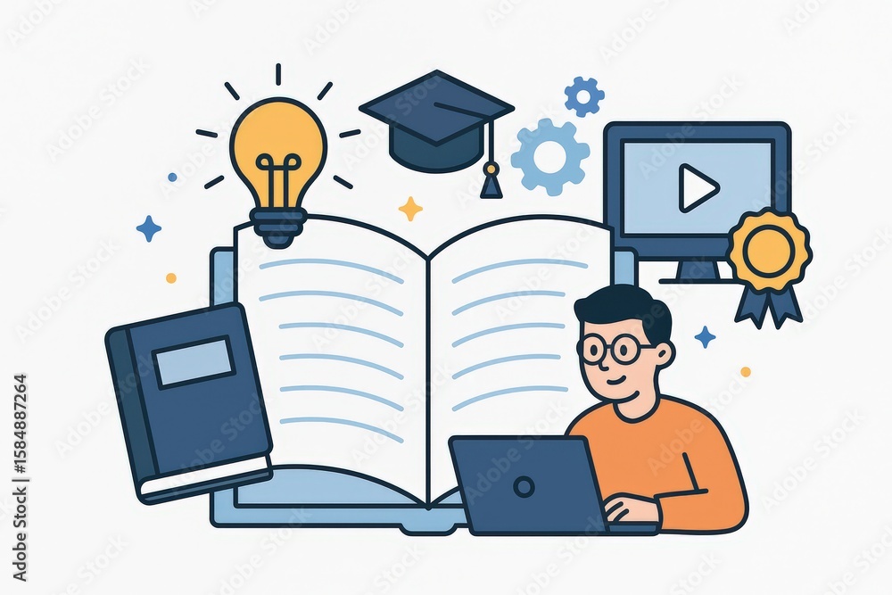 Poster engaging student studying with an open book connected to modern technology and innovative learning t