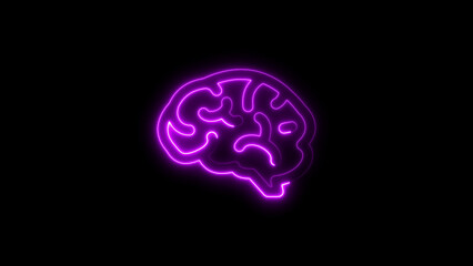Glowing purple neon brain illustration against a dark black background for science concept