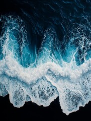 A top-down view of the ocean against a dark night sky with a black background in a realistic