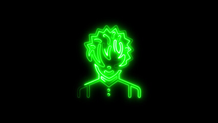 Green neon outline illustration of a person with unique hair on a black background