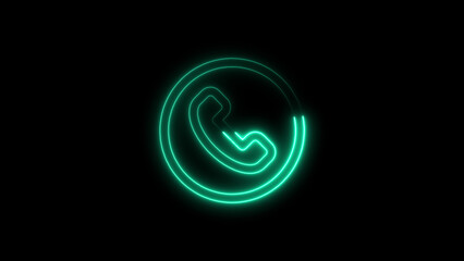 Glowing green neon telephone icon isolated on a black background for communication design
