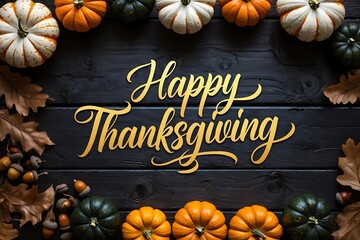 Elegant Happy Thanksgiving Image with Pumpkins and Autumn Decorations on Dark Wood Background